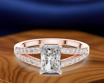 Radiant Cut Diamond Engagement Ring, Solitaire, Hidden Pave Band, Solid Gold Wedding Ring