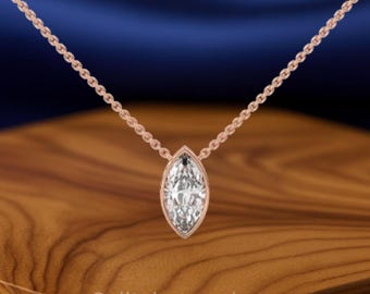 1-3 Carat Marquise Lab Grown Diamond Pendant: 14K Yellow Gold Bezel Necklace