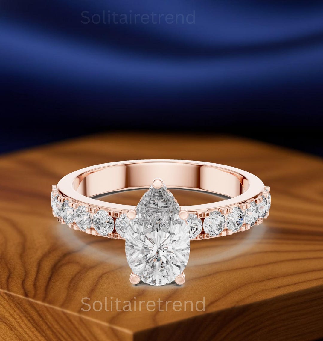 Pear Cut Diamond Engagement Ring | Solid Gold, 32 Diamond Accents - Etsy