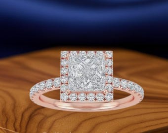 Princess Cut Lab Grown Diamond Engagement Ring: 14K Gold Halo, IGI Certified
