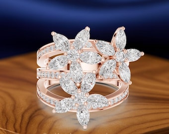 Floral Marquise Diamond Engagement Ring, Vintage Flower Statement Band