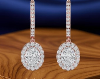 Oval Lab Diamond Halo Drop Earrings: 14k Gold French Pave Bridal Jewelry