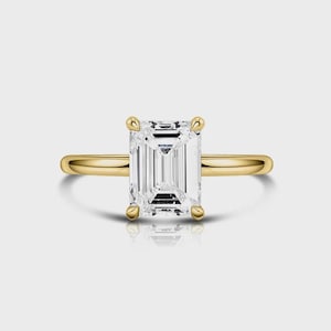Emerald Cut Lab Grown Diamond Engagement Ring: Hidden Halo, Solid Gold Solitaire