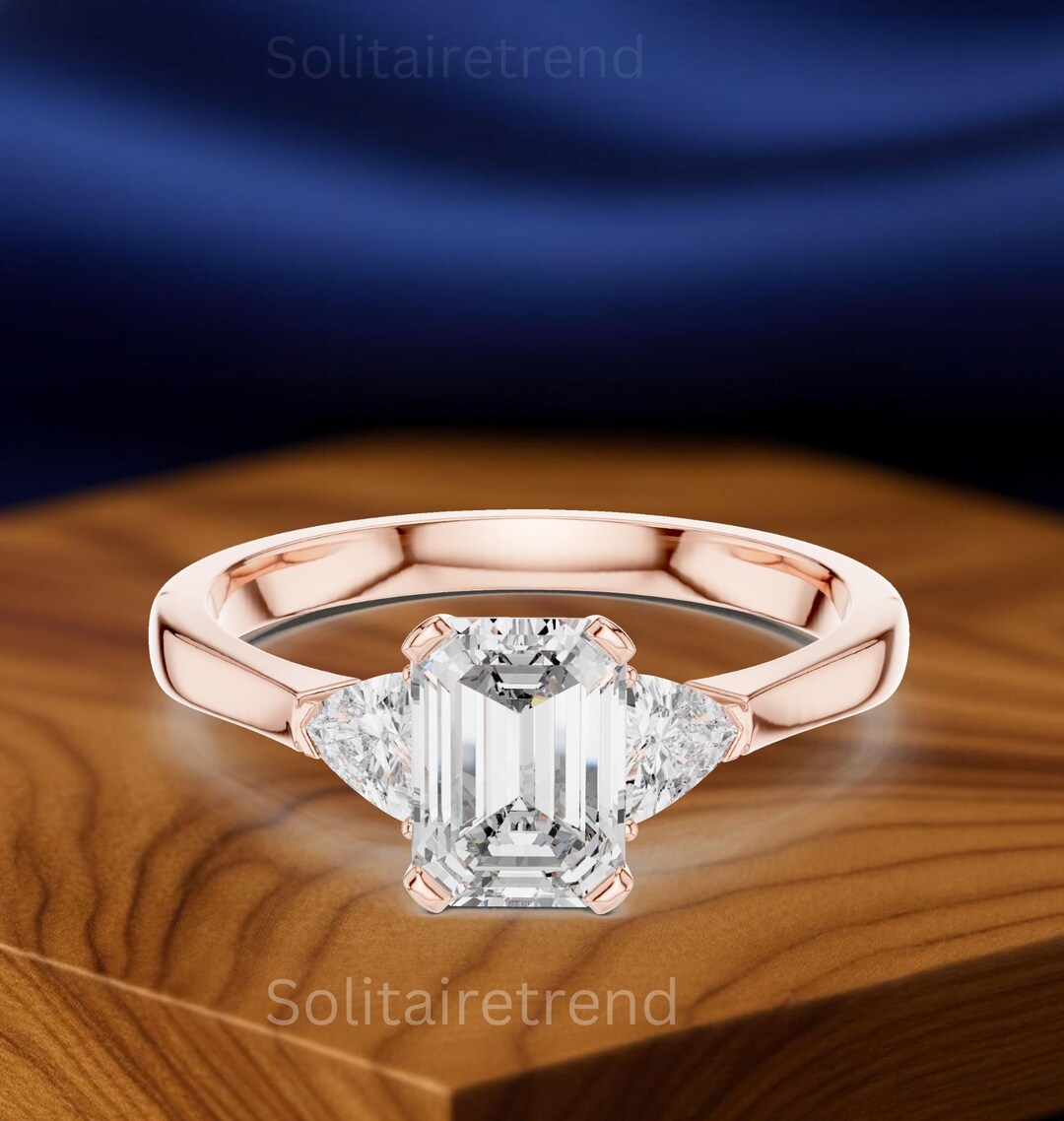 Emerald Cut Lab Grown Diamond Engagement Ring | Three Stone Trillion ...