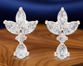 Multi-Shape Diamond Stud Earrings | 1.80 CT Diamond Earrings | Marquise, Pear, Round Cut Diamond Earrings | Sterling Silver & Gold Options