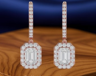 Emerald Cut Halo Drop Earrings: 2.90 Ct Lab Grown Diamond, Solid Gold