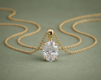 Oval Cut Lab Grown Diamond Solitaire Pendant Necklace, 14K Gold Oval Diamond Necklace, Minimalist Fine Jewelry, Anniversary Gift For Her
