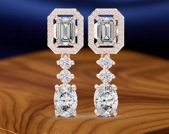 5.88 CTW Diamond Earrings | Oval, Emerald, Round Cut Diamond Earrings | Micro Prong & Collet Set | Sterling Silver 925,Gold,Platinum