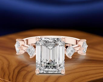 Emerald Cut Lab-Grown Diamond, Princess Accents, Solid Gold Statement Engagement Ring