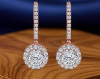 IGI Certified Lab Diamond Halo Drop Earrings: 14k Gold French Pave
