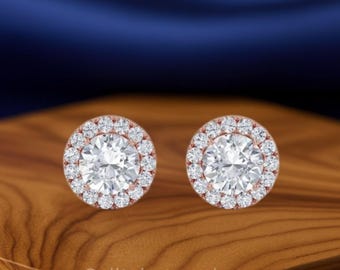 2.50 Ct Lab Grown Diamond Halo Stud Earrings: 14K/18K Gold, IGI Certified