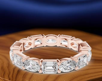 Alternating Emerald Oval Cut Eternity Ring, Solid Gold Wedding Band