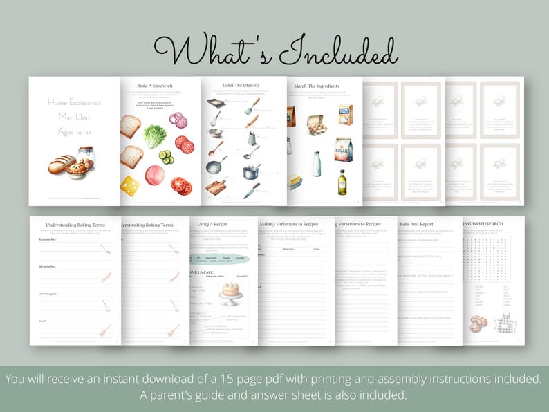 Puede incluir: Un documento PDF de varias p&aacute;ginas titulado "Home Economics Mini Unit" para edades de 10 a 11 a&ntilde;os. Las p&aacute;ginas incluyen ilustraciones de alimentos, utensilios de cocina e instrucciones de recetas. El documento incluye el texto "What's Included".