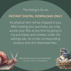 Puede incluir: Gr&aacute;fico de listado de descarga digital con texto: "This listing is for an INSTANT DIGITAL DOWNLOAD ONLY." Incluye ilustraciones de un caracol, un p&aacute;jaro en un nido y un fondo verde.