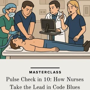Może przedstawiać: Ilustracja przedstawia scenę medyczną z kilkoma pracownikami służby zdrowia opiekującymi się pacjentem. Obraz zawiera tekst "Pulse Check in 10: How Nurses Take the Lead in Code Blues". Scena sugeruje kontekst szkolenia medycznego lub edukacyjnego.