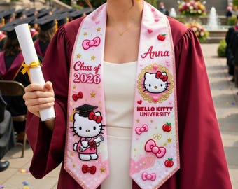 Estola de graduación personalizada Clase de 2026, banda de graduación de gato rosa Kawaii, estola personalizada con lindo lazo, regalo de graduación universitaria Coquette, banda impresa
