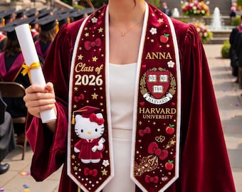 Estola de graduación personalizada Clase de 2026, banda de graduación de gato rosa Kawaii, estola personalizada con lindo lazo, regalo de graduación universitaria Coquette, banda impresa