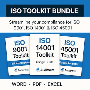 May include: An ISO Toolkit Bundle graphic with the text "ISO TOOLKIT BUNDLE" at the top. The image features three white booklets labeled "ISO 9001 Toolkit", "ISO 14001 Toolkit", and "ISO 45001 Toolkit". The bottom of the image says "WORD • PDF • EXCEL".