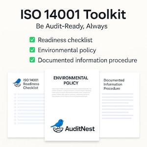 Könnte beinhalten: Eine weiße Grafik mit dem Text "ISO 14001 Toolkit" und "Be Audit-Ready, Always". Das Bild enthält eine Checkliste, Umweltrichtlinien und ein dokumentiertes Informationsverfahren. Das AuditNest-Logo ist ebenfalls sichtbar.