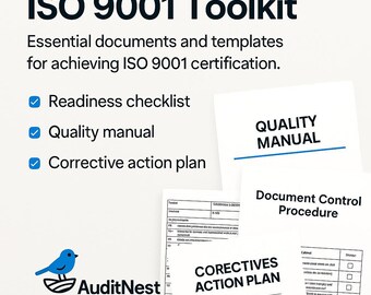 Kit di strumenti ISO 9001 | Modelli di sistema di gestione della qualità | Word, Excel e PDF modificabili | Documentazione di audit del QMS | Download digitale