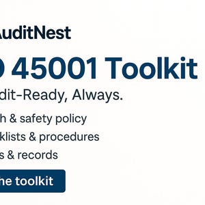 Könnte beinhalten: Eine weiße Grafik mit dem Text "AuditNest" und "ISO 45001 Toolkit". Der Text "Be Audit-Ready, Always" steht unter dem Titel. Die Grafik enthält ein blaues Vogelsymbol und eine Schaltfläche mit der Aufschrift "Get the toolkit."