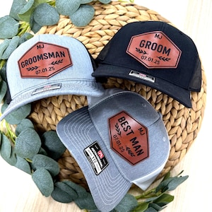 Custom Groomsman Hat, Personalized Groomsman Gift, Wedding Party Hats, Bachelor Party Bachelor Gift Richardson 112, Leather Patch Hat.