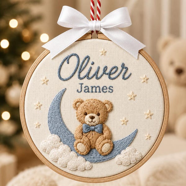 Bastidor de bordado personalizado com nome de bebê, decoração personalizada para quarto de bebê com ursinho de pelúcia, placa com nome de menino, lembrança para recém-nascido, presente para chá de bebê