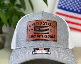 Custom USA Leather Patch Hat Richardson 112, Patriotic Trucker Hat, 4th of July Gift for Him, Personalized Hat, Gift For Him