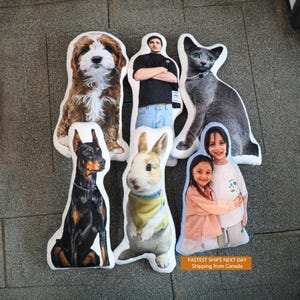 Peut inclure: Plusieurs coussins personnalisés en forme d'images d'un chien, d'une personne, d'un chat, d'un enfant et d'un lapin. Les coussins sont blancs avec les images imprimées dessus. Les coussins sont disposés sur une surface grise.