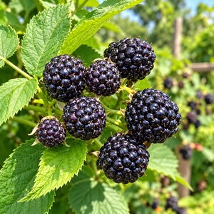 K&ouml;nnte beinhalten: Eine Ansammlung reifer, dunkelvioletter Brombeeren an einer gr&uuml;nen Ranke. Die Beeren sind rund mit einer texturierten, noppigen Oberfl&auml;che und weisen unterschiedliche Gr&ouml;&szlig;en auf. Die Bl&auml;tter sind hellgr&uuml;n und haben gezackte R&auml;nder.