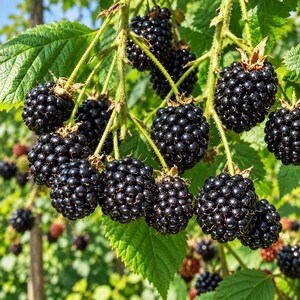 May include: A cluster of ripe, glossy black blackberries hanging from a green vine with serrated leaves. The berries are composed of numerous small, rounded drupelets, showing a deep dark color and a shiny texture, attached to thin stems.