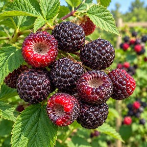 K&ouml;nnte beinhalten: Eine Ansammlung reifer schwarzer Himbeeren an einer gr&uuml;nen, bebl&auml;tterten Ranke. Die Beeren sind dunkelviolett bis schwarz mit einer noppigen, strukturierten Oberfl&auml;che; einige zeigen ein hohles Zentrum, wo der Stiel sa&szlig;, und geben den Blick auf einen hellen Kern frei.