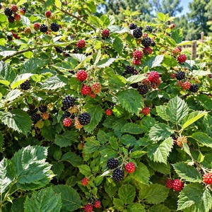 May include: A dense blackberry bush featuring numerous clusters of berries in various stages of ripeness, ranging from bright red to deep black, interspersed among vibrant green, serrated leaves under bright, natural sunlight.