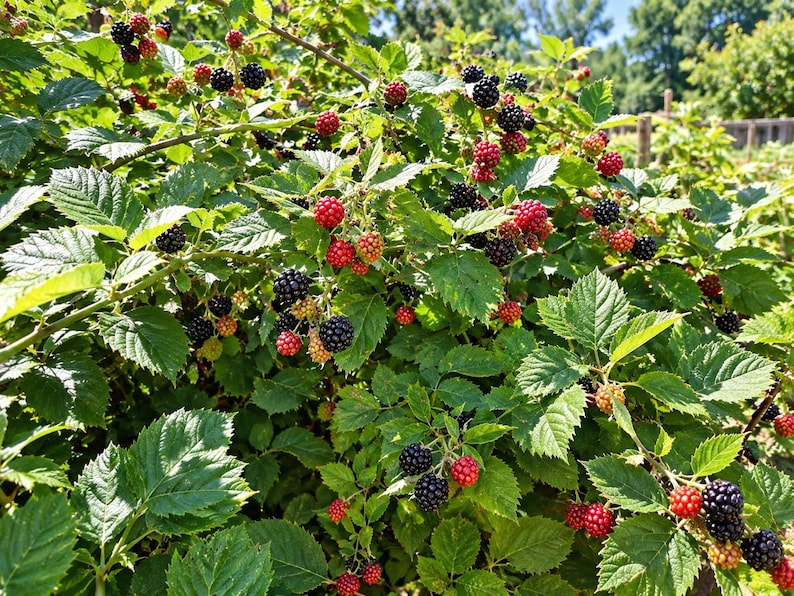 May include: A dense blackberry bush featuring numerous clusters of berries in various stages of ripeness, ranging from bright red to deep black, interspersed among vibrant green, serrated leaves under bright, natural sunlight.