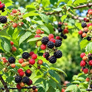 K&ouml;nnte beinhalten: Eine Ansammlung von Brombeeren an einem gr&uuml;nen, bebl&auml;tterten Strauch, die eine Mischung aus reifen schwarzen und unreifen roten Beeren zeigt. Die Beeren sind rund und strukturiert und wachsen in dichten B&uuml;scheln zwischen gezackten gr&uuml;nen Bl&auml;ttern.