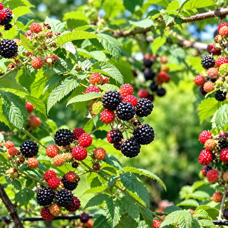 K&ouml;nnte beinhalten: Eine Ansammlung von Brombeeren an einem gr&uuml;nen, bebl&auml;tterten Strauch, die eine Mischung aus reifen schwarzen und unreifen roten Beeren zeigt. Die Beeren sind rund und strukturiert und wachsen in dichten B&uuml;scheln zwischen gezackten gr&uuml;nen Bl&auml;ttern.