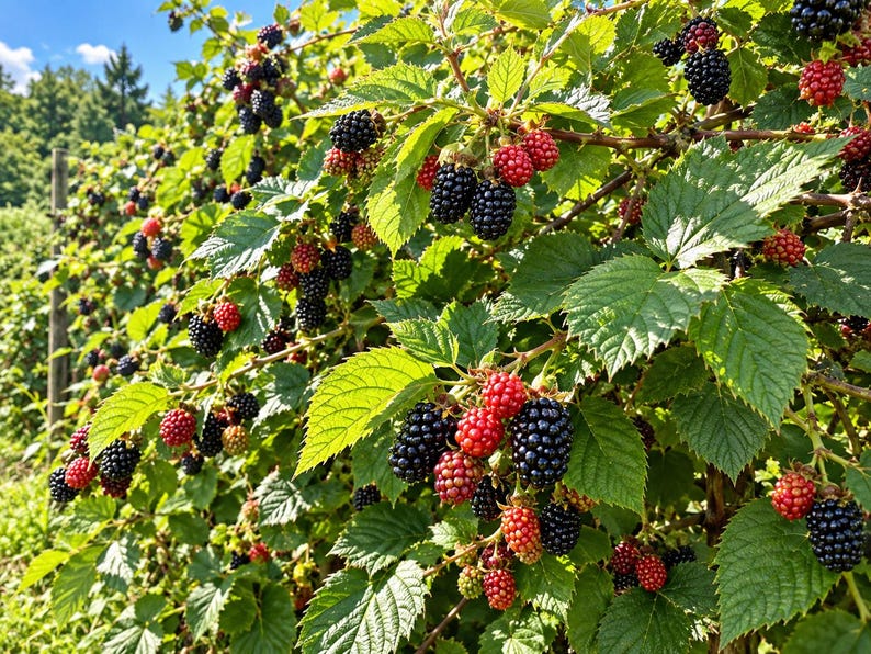 May include: A lush blackberry bush featuring numerous clusters of ripe, dark black berries and smaller, unripe red berries. The plant has vibrant green, serrated leaves and thin, woody stems, all captured under bright, natural sunlight.