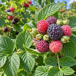 May include: A cluster of ripe raspberries and blackberries growing on a green leafy bush. The berries show varying stages of maturity, ranging from bright red to deep purple and black, nestled among serrated green leaves under natural sunlight.