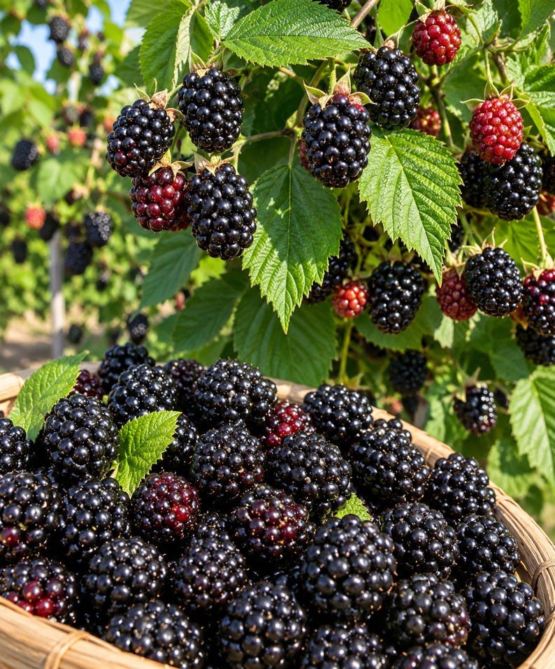May include: A woven basket filled with ripe, dark blackberries, with additional clusters of blackberries and green leaves hanging from the bramble bush in the background, showcasing a mix of deep black and reddish-purple fruit.