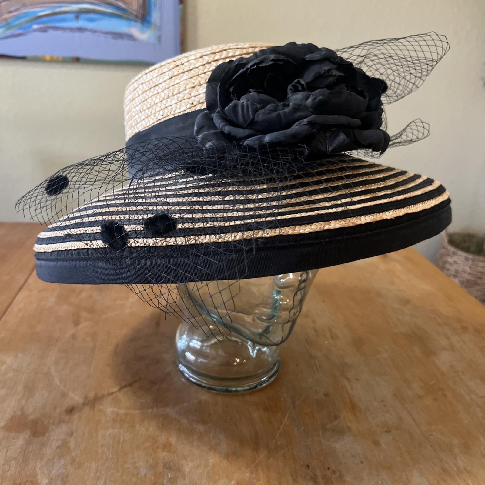 Women's Black Wool Felt Derby Hat - Wide Brim With Floral Veil & Feather, Retro Style