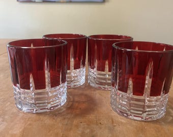 Vintage Old  Fashioned Cut Crystal Drinking Glasses Clear Red Ruby Set Of 4 holiday