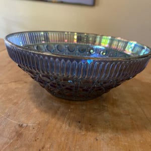 Vintage Blue 10&quot; Carnival Glass Bowl Iridescent Indiana Windsor Button