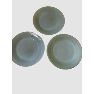 3 platos llanos vintage MCM Fire King Jadeite Jane Ray de 9" con borde acanalado, 1945-63