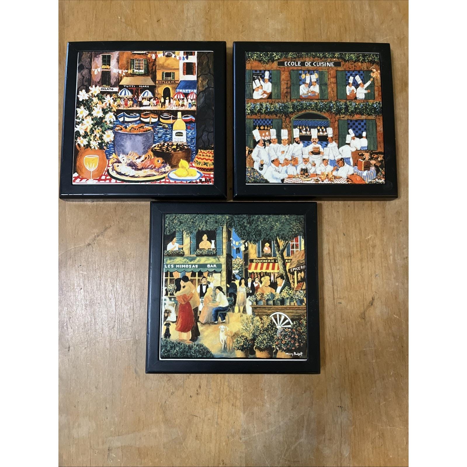 Guy Buffet Art 3 Wooden Framed Ceramic Tiles 7x7inch Wall Decor