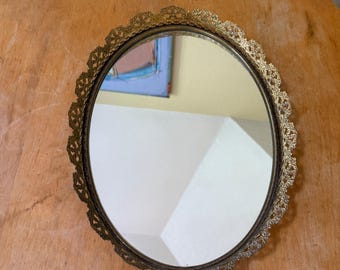 Vintage Gold Ornate Oval Mirror Tray With Filigree Design & Velvet Backing 13x10 Inches