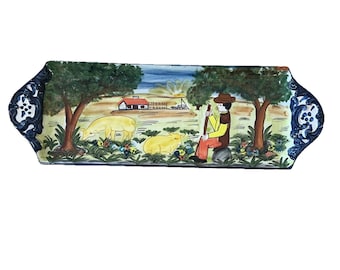 Polido Pilho Rechteck Handbemalte Servierplatte / Griffe - Hergestellt in PORTUGAL 16x5,5 ”