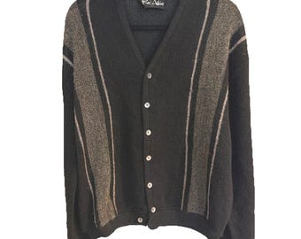Vintage Cardigan Sweater Mens XL Alpaca Black Striped Hipster MCM Mod Rockabilly