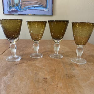 Set of 4 Vintage Amber Glass Bubble Blown Water/Wine Goblets 7inch Clear Stem