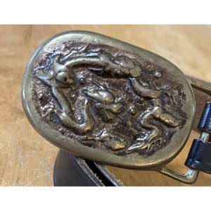 Solid Brass Abstract Vintage Belt Buckle With Dark Brown Leather Belt 34in