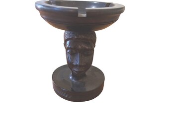 Hand Carved Wooden African Head Ashtray: Dark Wood Trinket Dish